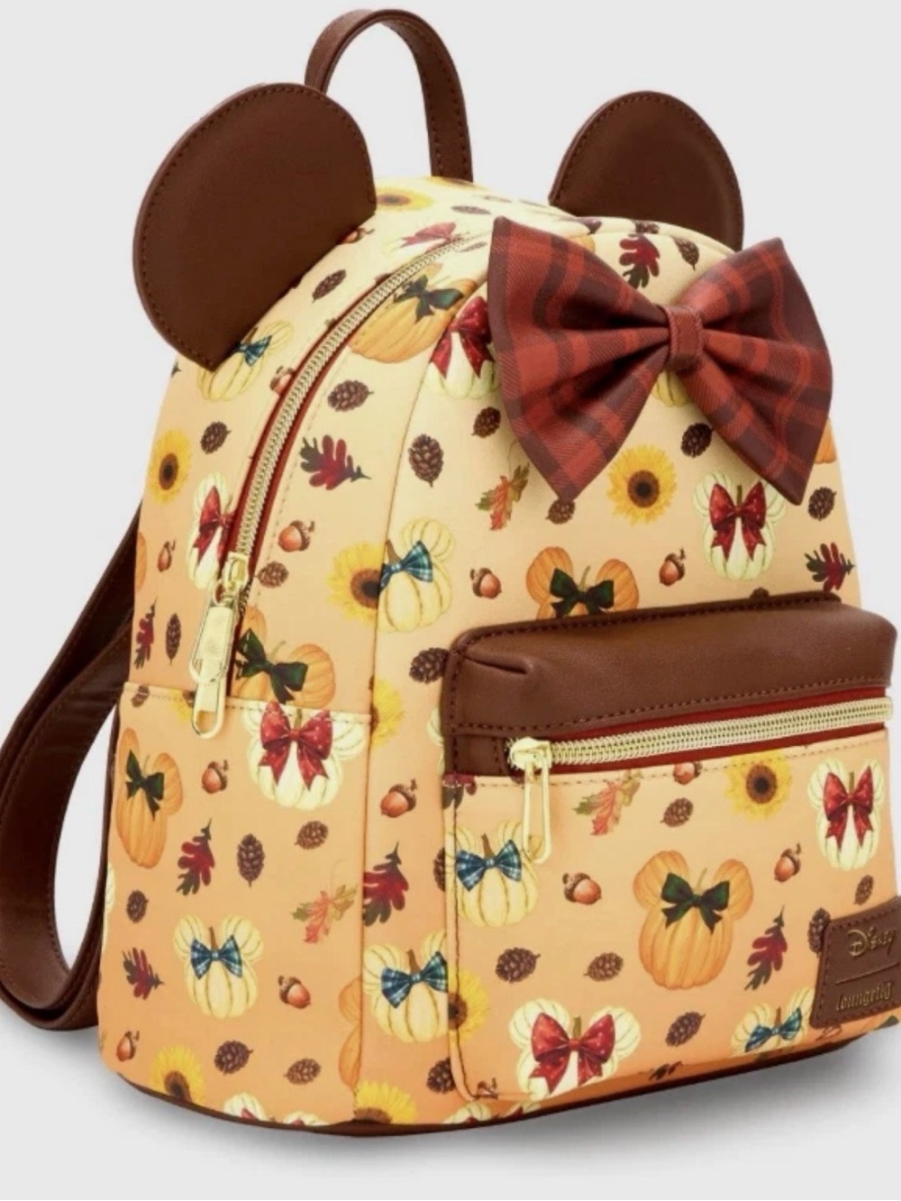 Loungefly Disney Pumpkin & Bow Print Mini Backpack With Brown Minnie Ears. NEW - Picture 2 of 4